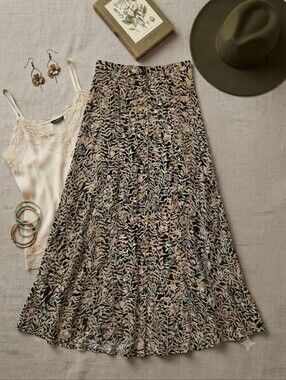 Vintage Norton McNaughton Black Tan Leafy Vine Print Button Down Midi Skirt